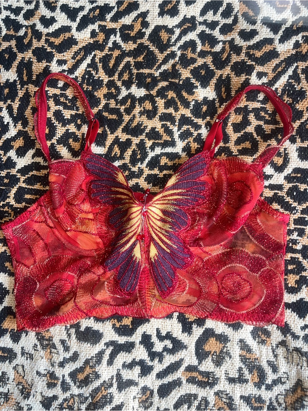 Vintage 2000s Red Embroidered Butterfly Lace top